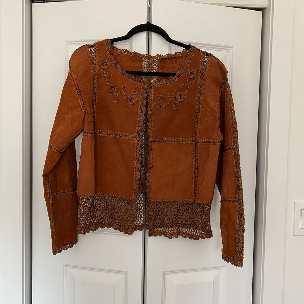 Women's Brown Crochet Trim Jacket